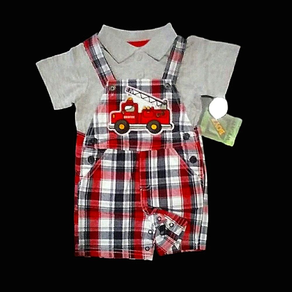 BOYZ NWT Plaid Firetruck Shortall Overall Set 18M